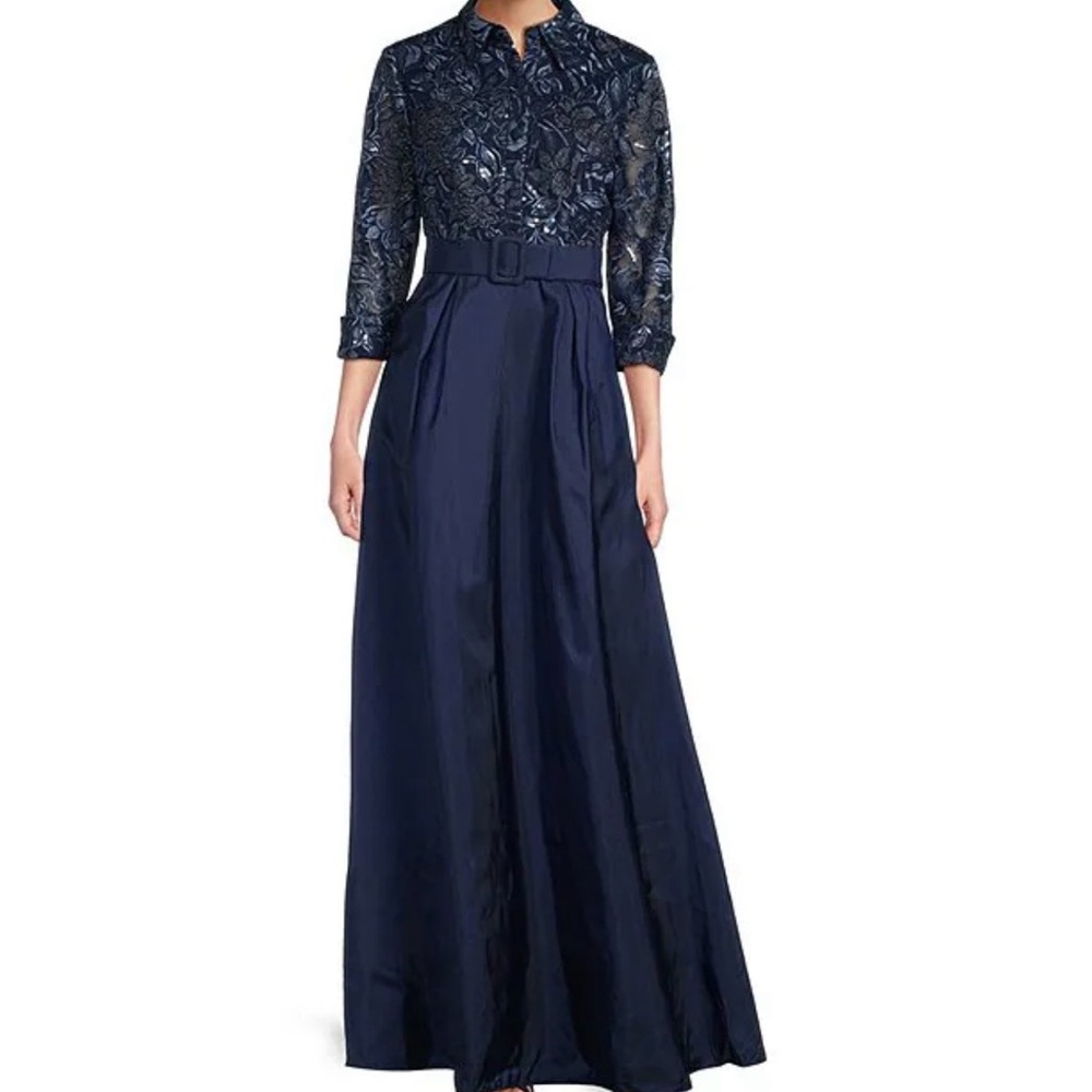 Alex Evenings Navy Blue Sequin Bodice & Satin Skirt Evening Gown